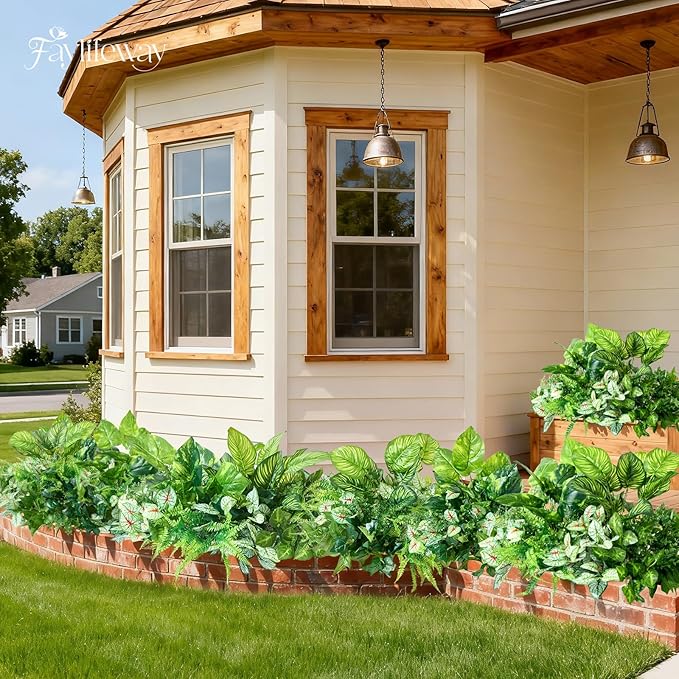 24 Bundles Artificial Plants Outdoor,UV Resistant Fake Greenery Stems with Large Shrubs Faux Plastic Plant for Outside Front Porch Planters Garden Window Box Patio Decor(Pot Not Included)