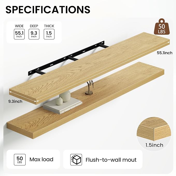 Heimlove 55 Inch Long Floating Shelves for Wall, 9.3" Deep Oak Floating Shelves Set of 2, Large Display Shelf & Storage Shelf, Wall Mounted Shelves for Bedroom Living Room Kitchen Office