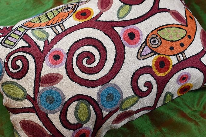 Lumbar Cushion Cover Hand Embroidered Wool 13x21 (Cream Birds Lumbar Pillow Cover)