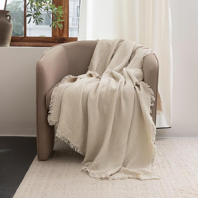 FOSSA Muslin Blanket 4-Layer 100% Cotton Gauze Blanket with Fringe 66"x90" | Super Soft Breathable Lightweight All Season & Decorative Blanket or Bed, Sofa, Office (Beige,Twin XL)