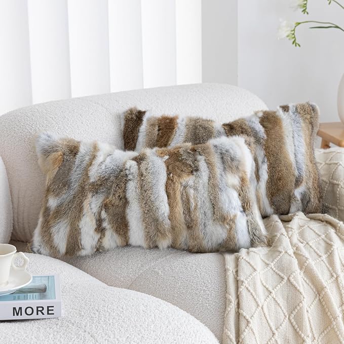 Genuine Rabbit Fur Pillow Covers Set of 2,Luxury Decorative Throw Pillowcases Fluffy Animal Skin Accents Bolster Cushion Cover for Couch Sofa Bedroom Living Room Home,12x20inch,Yellow