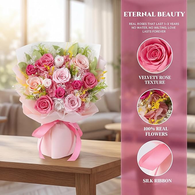 XTYFJGVA 12 Preserved Pink Roses Bouquet, Flowers for Delivery, Real Roses That Last 1-3 Years, Birthday Gifts for Women, Forever Flower Gifts for Mom, Wife, Grandma, Her on Mothers Day, Anniversary