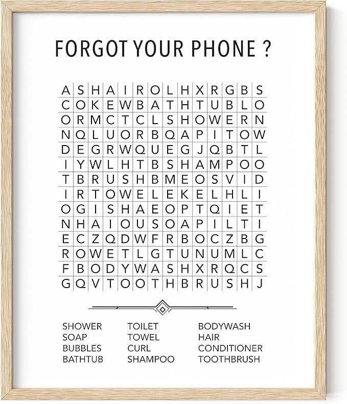 HAUS AND HUES Funny Bathroom Decor – Word Search Print for Kids’ Washroom, Guest Restroom Humor Poster, Whimsical Home Accent (16x20, Beige Frame)