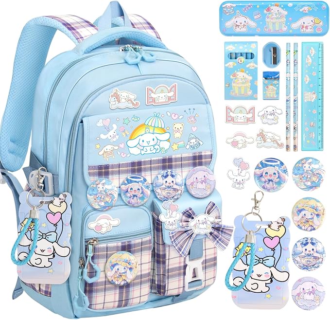KIEAL 16.5/19IN School Backpack for Girls with 24Pcs Accessories, Anti-Theft Kids Backpack for Students, New Semester Presents with Pins and Card Holder