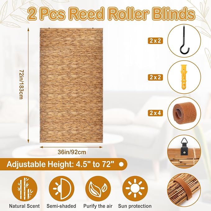 DoubleFill 2 Pcs Bamboo Shades Outdoor Reed Roll Up Blinds 36" W x 72" H Blackout Sunshade Cordless Bamboo Blinds for Home Porch, Patio & Windows Decor Shutters Sunlight Privacy Screen(Carbon Brown)