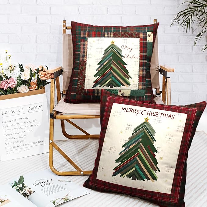 Christmas Pillow Covers 24x24 Set of 2 Red Green Checkered Plaid Xmas Tree Throw Pillow Covers Winter Pillowcase Cotton Linen Cushion Case for Holiday Decor Couch Sofa