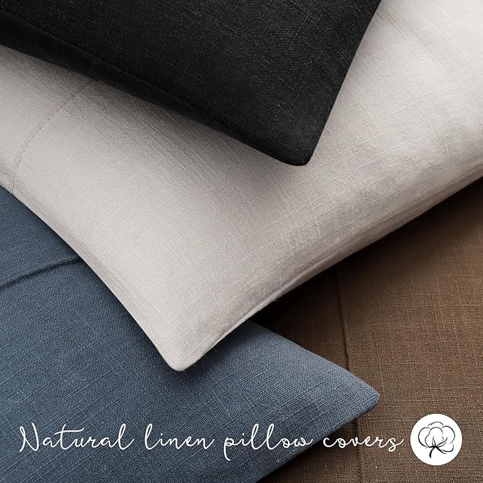 ZWJD Decorative Linen Throw Pillow Covers 22x22 Set of 2 Solid Handcrafted Striped Cushion Covers for Bed Soft Modern Farmhouse Neutral Pillowcase for Couch Bedroom Living Room Home Decor(Slate Blue)