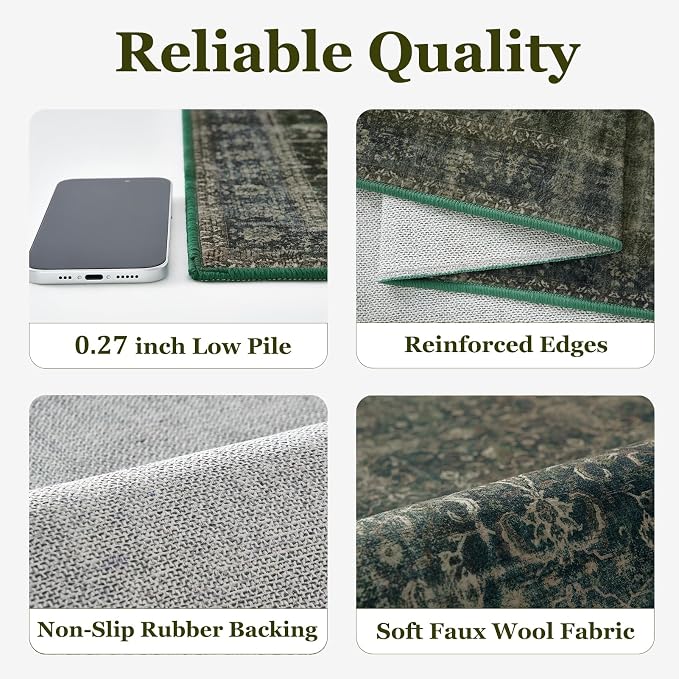Dark Green 9x12 Large Area Rug for Living Room, Washable Low Pile Rug for Dining Room Under Table, Non Slip Thin Big Carpet Rugs for Bedroom, Moody Green with Brown Accents