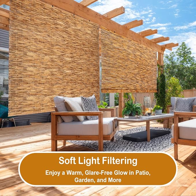 DoubleFill 2 Pcs Bamboo Shades Outdoor Reed Roll Up Blinds 84" W X 72" H Blackout Sunshade Cordless Bamboo Blinds for Home Porch, Patio & Windows Decor Shutters Sunlight Privacy Screen (Carbon Brown)