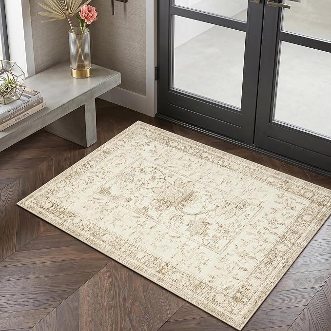 GarveeHome Vintage Beige Small Rug 2x3 Door Mat Indoor Cottage Core Retro Farmhouse Low-Pile Stain Resistant Non-Slip Washable Rugs for Entryway Bathroom Bedroom Kitchen TPE Backing