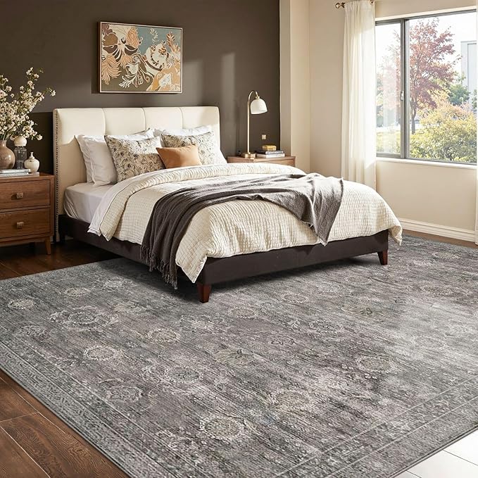 Rugxara 8x10 Area Rugs for Living Room, Large Washable Rug, Grey Vintage Retro Boho, Non Slip & Low Pile Faux Wool Carpet for Indoor Dining Room and Bedroom