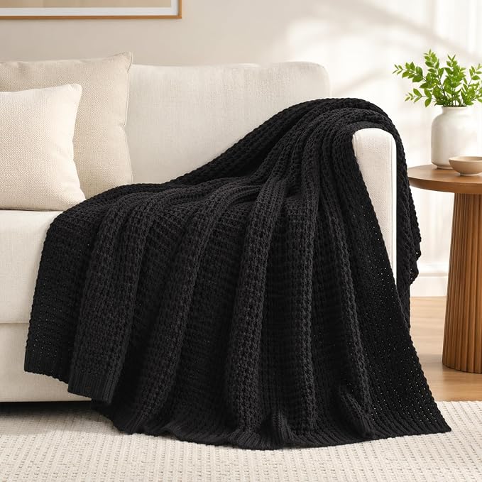 Bunnikins & Clover Black Waffle Knit Throw Blanket, Cozy Stylish Black Blanket for Sofa Bedroom, Home Decor, 50"x60"