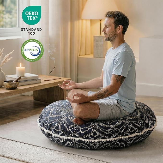 Codi Meditation Cushion for Adults - 32" Large Floor Pillow with Supportive Shredded Memory Foam - Round Zabuton with Washable Cover, Bohemian Mandala Seating for Yoga and Mindfulness, Black