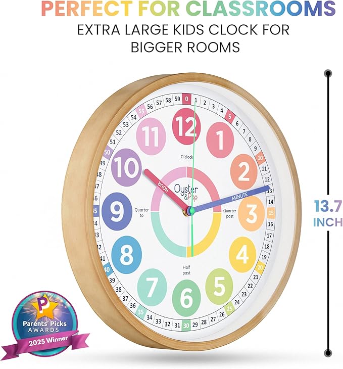 Large Pastel Kids Learning Clock – Award-Winning 14" Silent Non-Ticking Analog Wall Clock for Classroom & Kids Bedroom – Cute Colorful Room Decor & Educational Tool – Includes Teaching Time E-Book