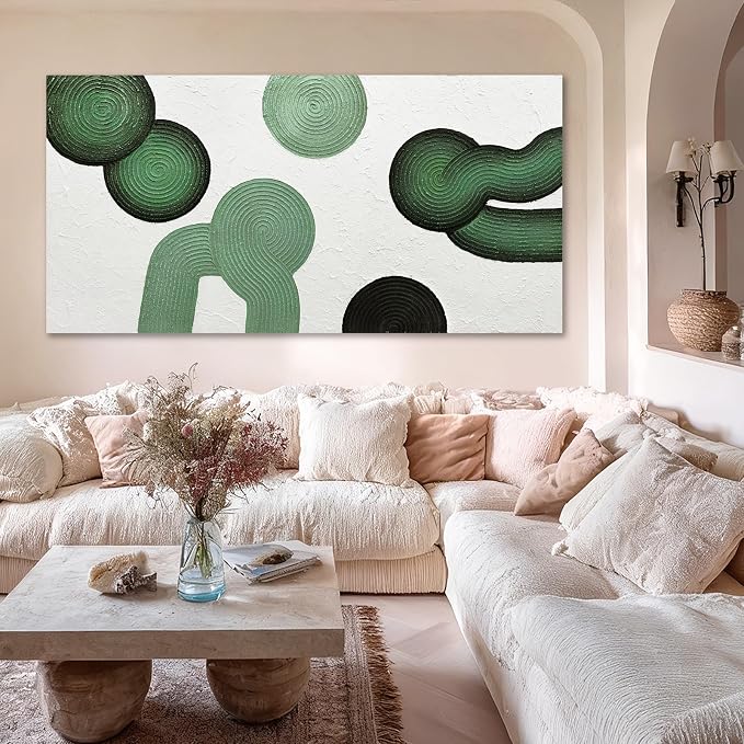 ZUNARE Large Green Abstract Wall Art, Hand Painted Textured Canvas with Organic Sculptural Forms, Oversized Modern Statement Wall Decor for Living Room Bedroom Office, 29×58 Inch