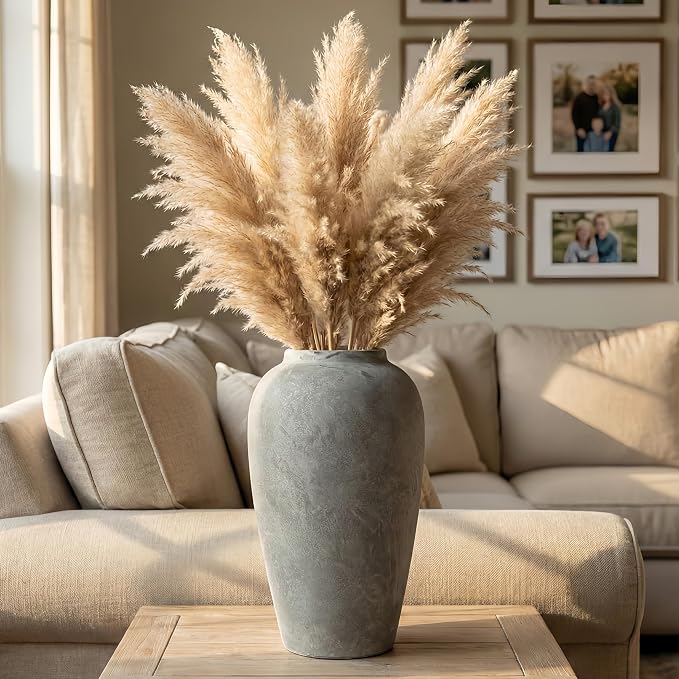 12 Inch Ceramic Rustic Farmhouse Vase, White Grey Handmade Pottery Vase for Living Room & Home Decor, Rustic Flower Vases for Table Centerpieces & Shelf Decoration, Wedding Gifts