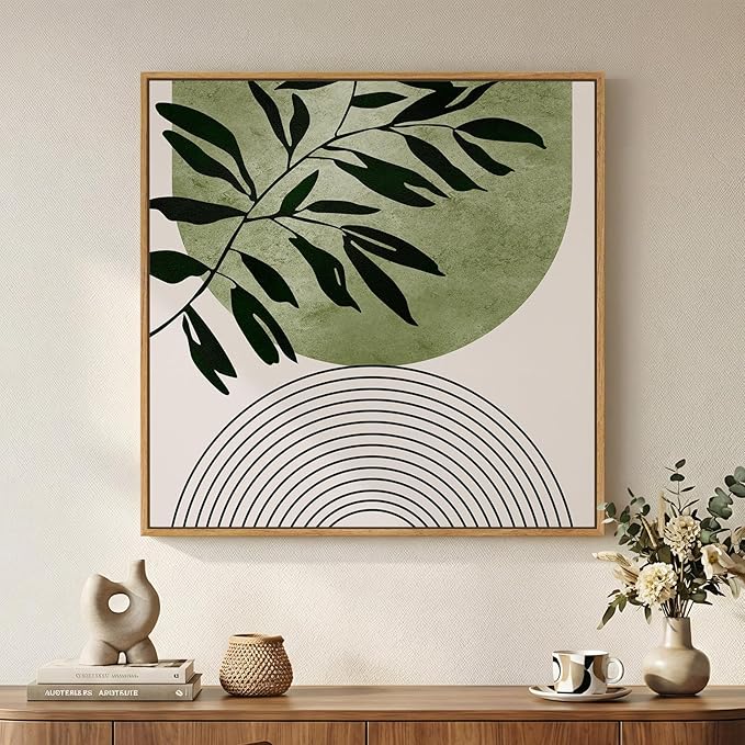 Framed Green Boho Botanical Wall Art, Sage Green Abstract Paintings Artwork for Walls, Modern Minimalist Geometric Line Square Pictures Wall Decor for Living Room Bedroom Bathroom Office, 24x24 In