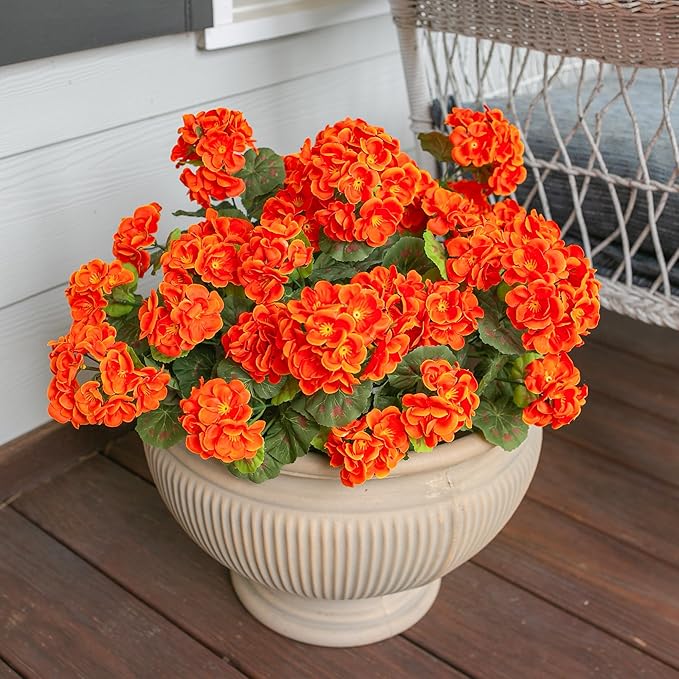 Fake Geraniums Artificial Flowers for Outdoors Fall Autumn Decoration, 6 Bundles Silk Geraniums UV Resistant Look Real Orange Faux Flowers Plants for Front Door Garden Planter Patio Balcony Yard Home
