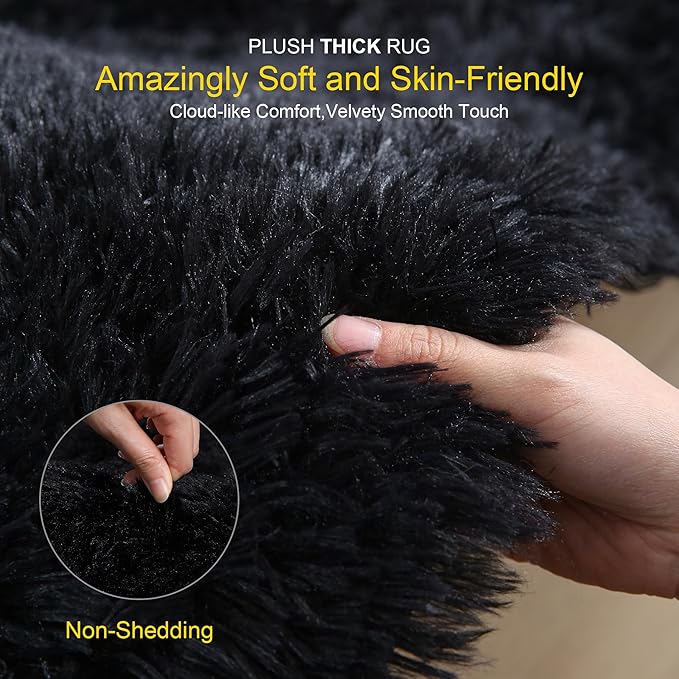 KCHOWUA Thick Area Rug Black Fluffy Shag 5x8 for Bedroom, Ultra Soft Plush Shaggy Fuzzy Carpet, Thickened Washable Non-Slip Cozy Furry Rug for Living Room, Kids, Girls Boys Baby Nursery, and Dorm