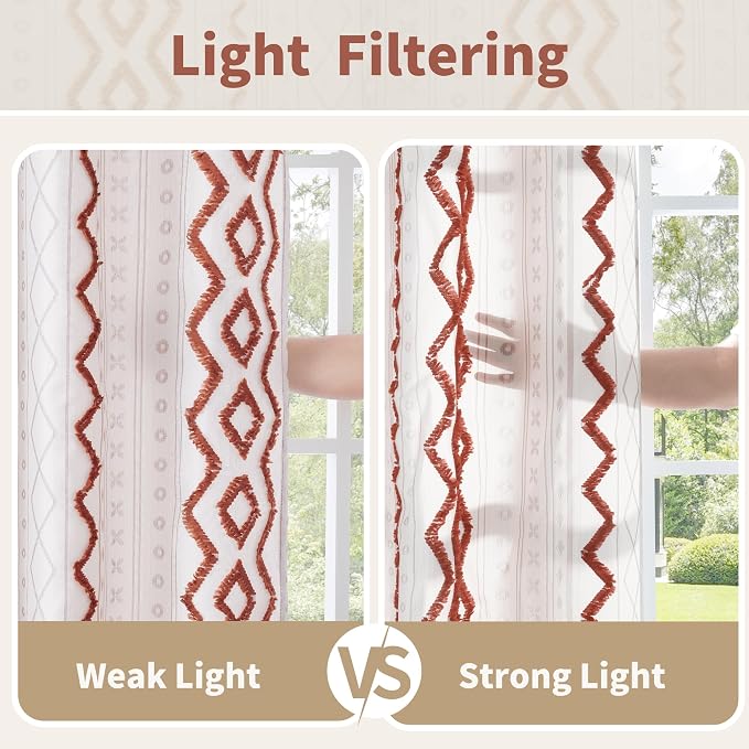 BGment Terracotta Jacquard Linen Curtains, Boho Tufted Pom Stripe Geometric Pattern with Grommet Floor Length for Bedroom Living Room Light Filtering, 2 Panels Set, 52 X 96 Inch