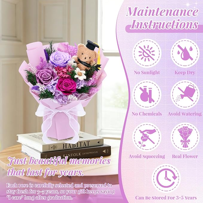 “So Proud of You”Preserved Purple Bouquet with Graduation Bear in Cap Gown | Real Eternal Flowers with Vase