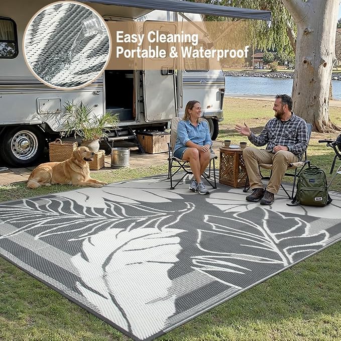 HUGEAR 6'x9' Outdoor Rug Waterproof Plastic Straw Rugs Grey Reversible Olive Leaf Mat Floor Carpet for Camping RV Deck Entryance Porch Picnic Balcony Beach Backyard