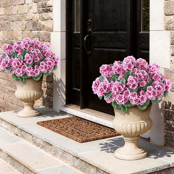 GLIDLION 12 Bundles Artificial Geranium Flowers for Spring Summer Decor, UV-Resistant Fake Plants Realistic Faux Silk Bouquets for Front Door Farmhouse Garden Porch Home Outdoor Decor (Pink)
