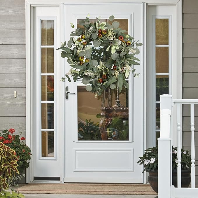 22IN Spring Summer Eucalyptus & Berry Wreath with Realistic Lamb's Ear Leaves. Seasonal Greenery Decor for Front Door, Wall, and Year-Round Celebrations.