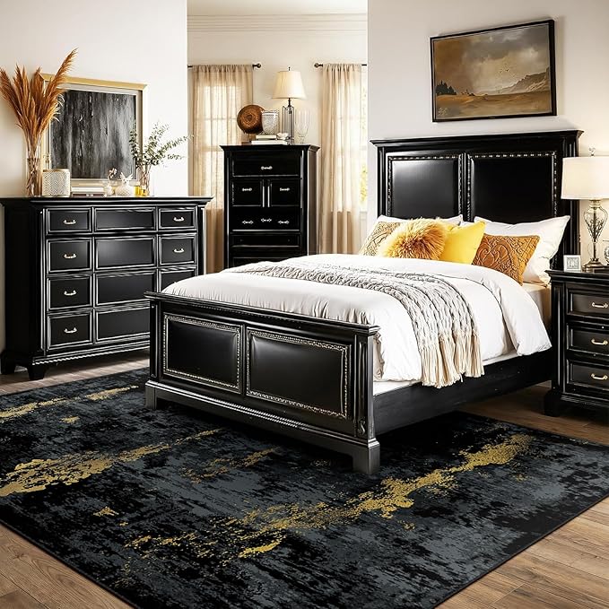 RELEANY Washable Area Rugs 9'x12' Non-Slip Modern Abstract Soft for Living Room Entryway Bedroom Nursery, Print Pattern, Dark Black Gold