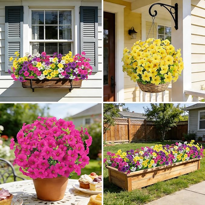 20 Bundles Artificial Petunias Flowers for Outdoors, Faux Silk Flowers UV Resistant Realistic Fake Plants for Outside Planters Porch Patio Yard Garden Spring Summer Home Decor, Multicolor