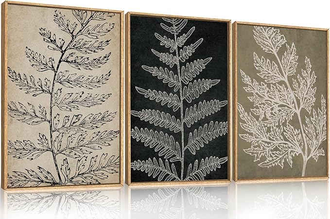 KAIRNE Vintage Botanical Fern Framed Canvas Wall Art Set, Retro Fern Leaf Wall Decor, Rustic Black Tan Art Prints, Modern Minimalist Leaves Artwork for Living Room,Bedroom,Farmhouse,Office-24 x36 x3