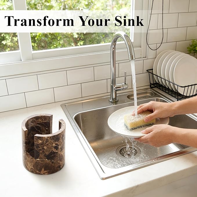 Natural Marble Sponge Holder, Sink Caddy for Kitchen Counter, Marble Decor Dish Sponge Holder with Anti-Slip Pad for Kitchen Sink Countertop, Fast Drying Rack, Caddy - Dark Brown
