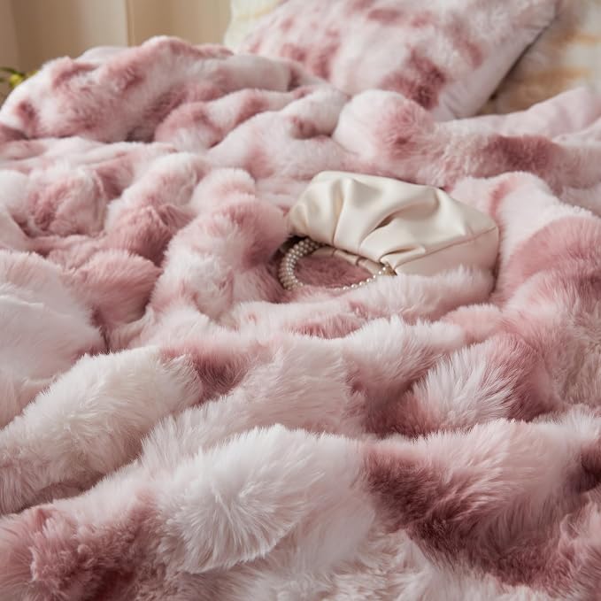Simple&Opulence Fluffy Faux Fur Comforter Set, Plush Fuzzy Minky Bedding Set, 3 Pieces Warm Soft Comforter Bedding Set for Winter - 1 Shaggy Comforter with 2 Pillow Shams(King, Pink)
