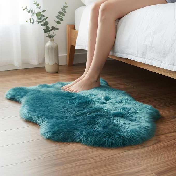 Super Area Rugs Beach Blue Genuine Sheepskin Rug 2x3 ft, Real Fluffy Single Pelt Fur Accent Rug for Chair, Seat Cover, Nursery & Home Decor, Natural & Soft Shaggy Throw