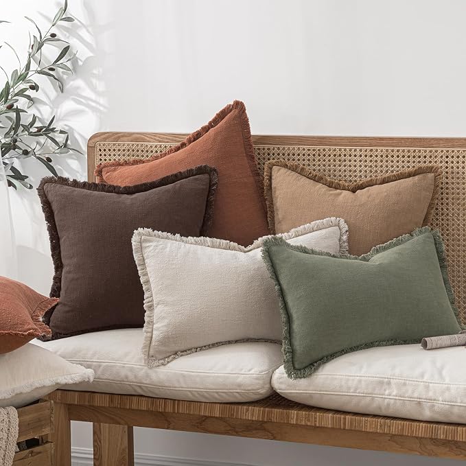 MIULEE Decorative Throw Pillow Covers Neutral Linen Fringe Throw Pillows Set of 2 Dark Brown Boho Farmhouse Cushion Covers with Tassels for Couch Sofa Bed Living Room Fall Decor 18x18 Inch
