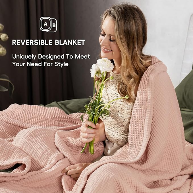 PHF 100% Cotton Waffle & Muslin Throw Blanket Large, Soft Breathable Luxury 400GSM Versatile Reversible Bedding for Couch, Great for Layering in Cold Weather, Home Decor Gift, 50" x 70", Rose Smoke