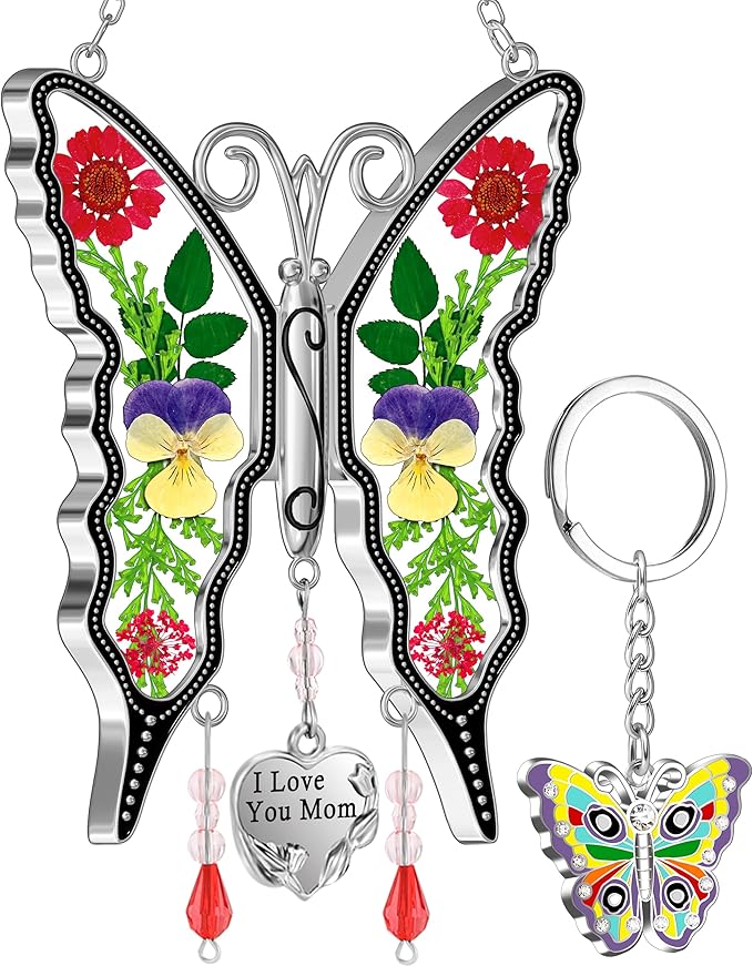 KY&BOSAM Gifts for Mom I Love You Mom Butterfly Suncatcher Stained Glass Window Hanging Wind Chime with Pressed Real Flowers Purple Butterfly Mother Gift for Women Mothers Day Christmas Birthday Decor