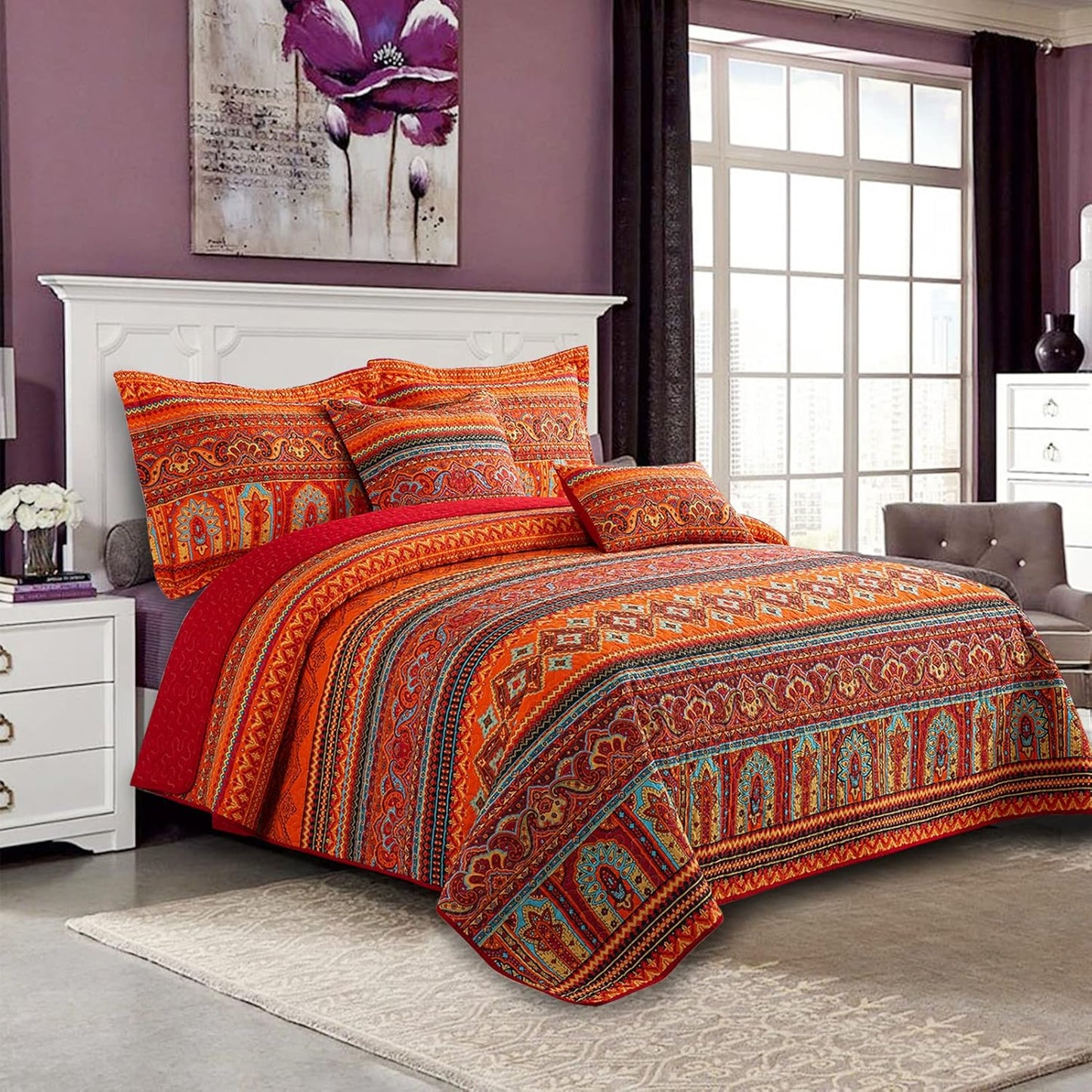 VAPUTAR Cotton Quilt Queen Size Bedding Set - 3 Pieces, Boho Queen Size Quilts, Lightweight Reversible Coverlets Bedspreads for Farmhouse Bedroom (Red/Orange)