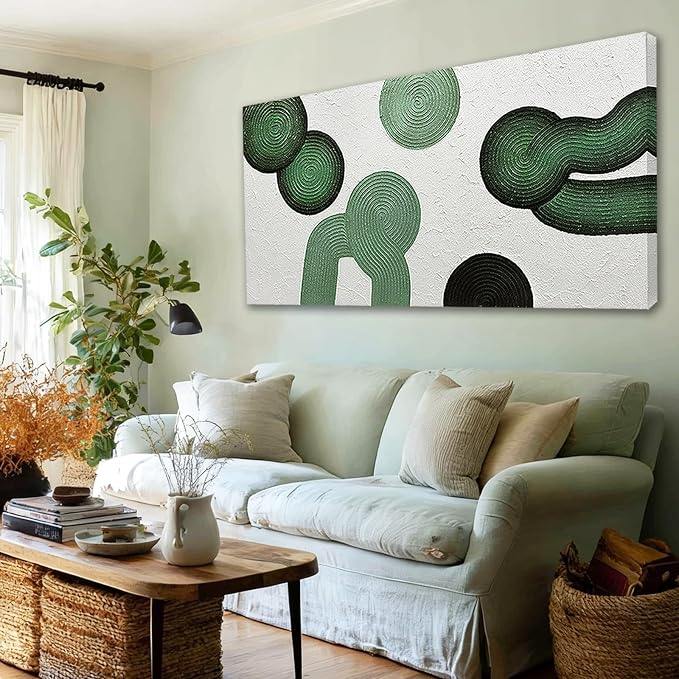 ZUNARE Green Abstract Wall Art, Hand Painted Textured Canvas with Organic Modern Forms, Minimalist Sage and Deep Green Wall Decor for Living Room Bedroom Dinning Room 24×48 Inch