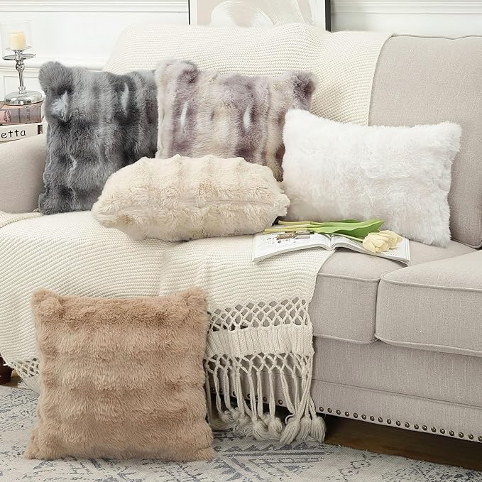 MADIZZ Pack of 2 Thick Plush Faux Wool Throw Pillow Covers Soft Boho Throw Pillows Luxurious Cushion Covers for Couch Sofa Bedroom Living Room Home Decor 16x16 Inch Dark Grey