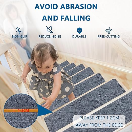 KOOTETA Stair Treads for Wooden Steps Indoor, 15 Pack 8" X 30" Non Slip Carpet Stair Treads with Reusable Adhesive for Kids Elders and Dogs, Surface Polyester TPR Backing Stair Runner Rugs, Dark Grey