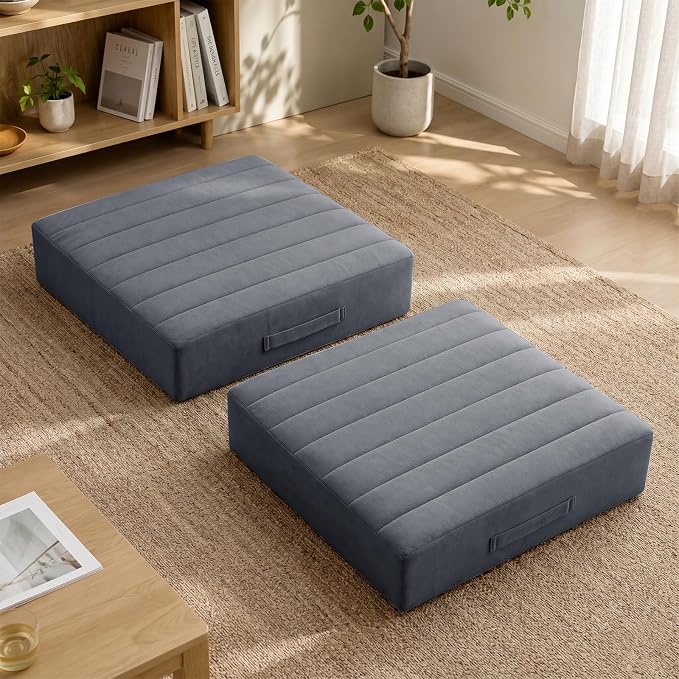 JKMAX 2 Pcs High Density Foam Floor Pillow - Upgraded Large Pillows Seating for Adults - Outdoor Floor Cushion with Soft Tufted Cover - Yoga Pillows for Sitting On Floor - 22 Inch Grey