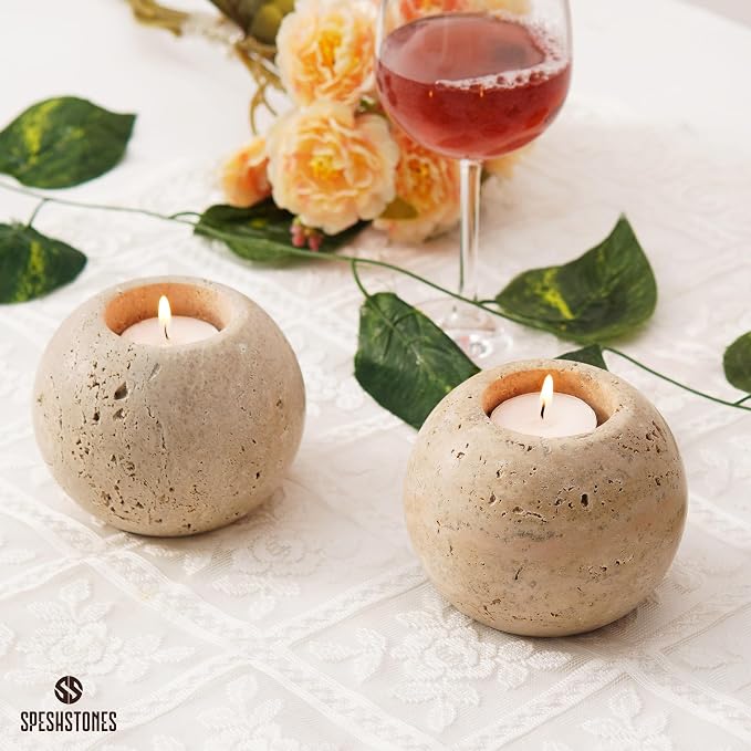 Marble Tealight Candle Holders 4 Inch Travertine Votive Candles Holder for Gifts, Tea lights Candles Set of 2 For Birthday, Wedding, Dining Tables Centerpieces & Valentines day Decorations