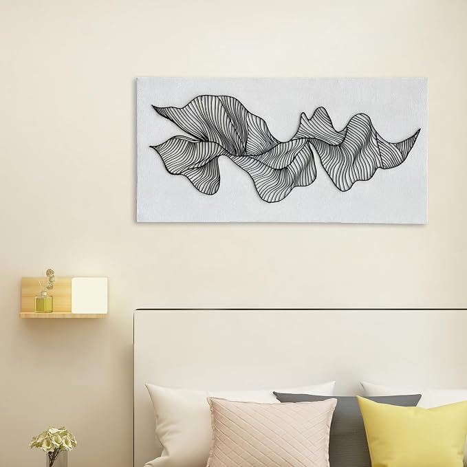 NANKAI Art Hand-Painted Black Texture Oil Painting Contemporary Minimalist Art White Abstract Painting Wall Decoration for Home or Office 24x48 inches