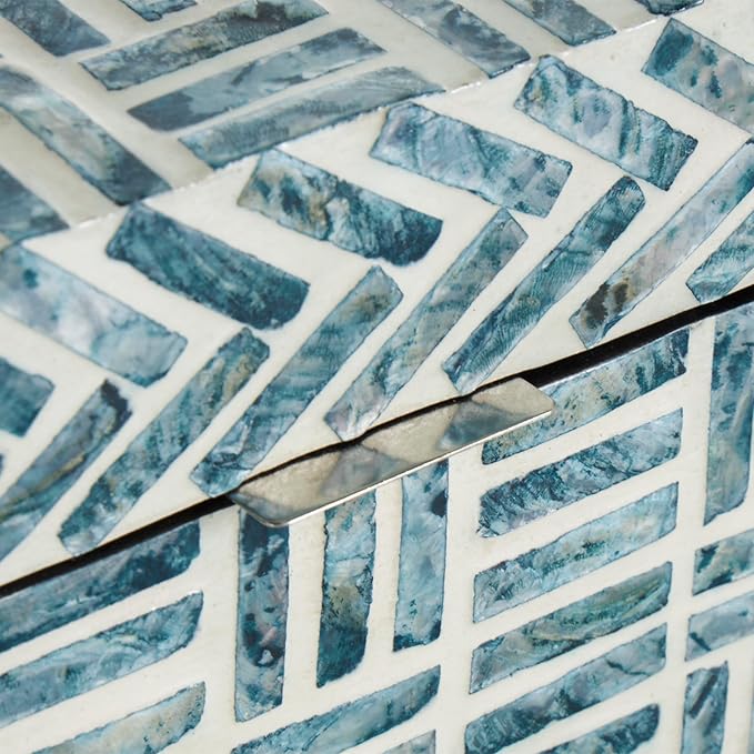 Deco 79 Mother of Pearl Shell Geometric Handmade Decorative Box Mosaic Storage Decorative Keepsake Box with Cream Underlay, Set of 2 Storage Box 12", 8"W, Blue