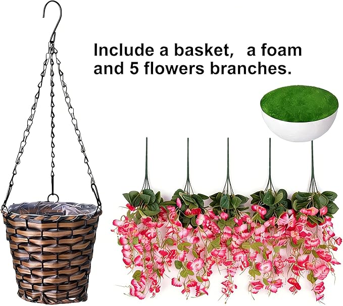 Artificial Fake Hanging Hibiscus Flowers Plants Baskets for Outdoor Decor, Faux Silk Hibiscus Long Vines in Planter UV Resistant Realistic Flowers for Outside Porch Patio Home Decoration, Red