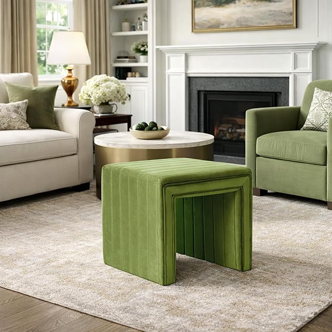 HomePop Modern Channel Tufted Velvet Ottoman|Homepop Home Décor|Ottoman for Living Room & Bedroom - Green