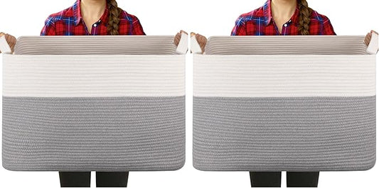 Extra Large Laundry Basket, 95L Blanket Basket for Living Room, Cotton Rope Toy Storage for Kids, Woven Baskets for Clothes, Towels, Pillows, 24" x 17" x 14", Grey and White (Pack of 2)