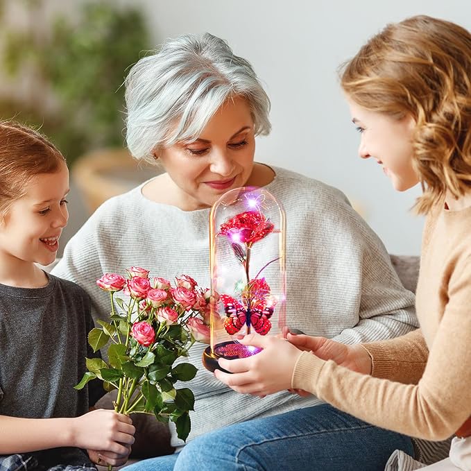 Mothers Day Rose Gifts for Mom Birthday Gift for Women Galaxy Glass Rose in Glass Dome Forever Eternal Crystal Roses with Butterfly Mother's Day Flower Gifts for Women Wife Grandma Daughter Sister Red