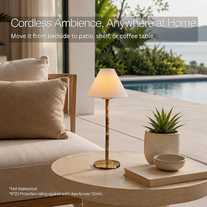 Bamboo Cordless LED Table Lamp – Rechargeable 24-Hour Battery, Dimmable Warm Light, 15" Portable Wireless Lamp with Remote for Indoor/Outdoor Use, Home, Patio, Restaurant – Coastal White